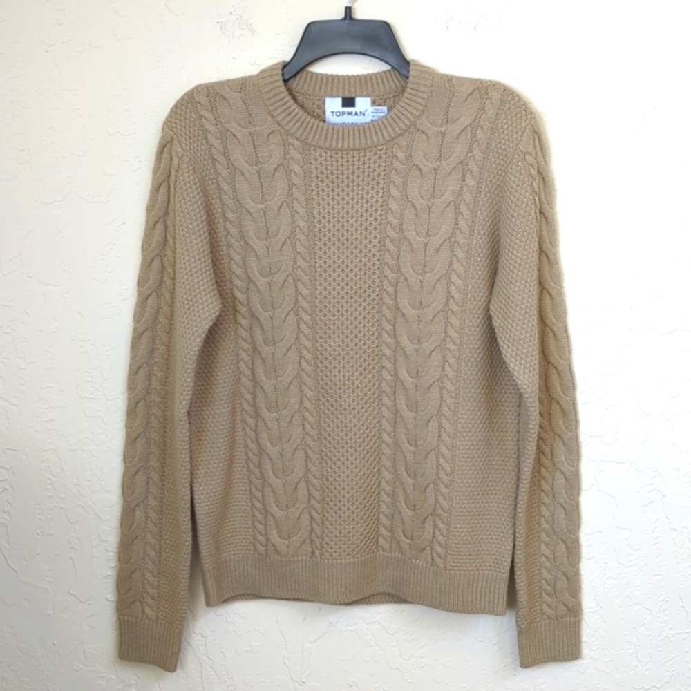 LIKE NEW Topman Tan Cable Knit Wool Blend Crewneck Sweater Size Small